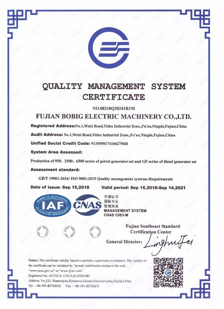 중국 FUJIAN BOBIG ELECTRIC MACHINERY CO.,LTD 인증